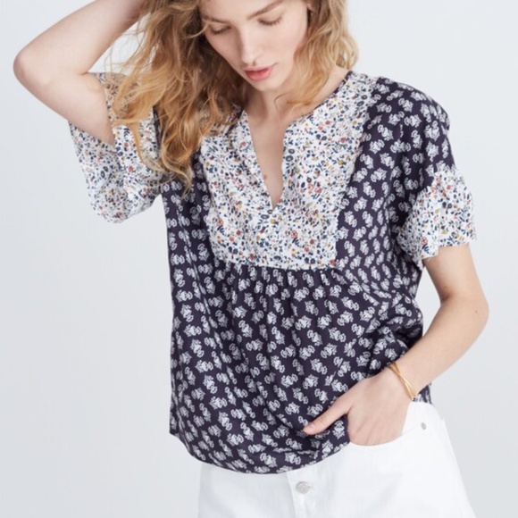 NWOT Madewell SZ XXS Print-Mix Drop-Shoulder Top in Navy Blossoming Vines - Picture 1 of 11